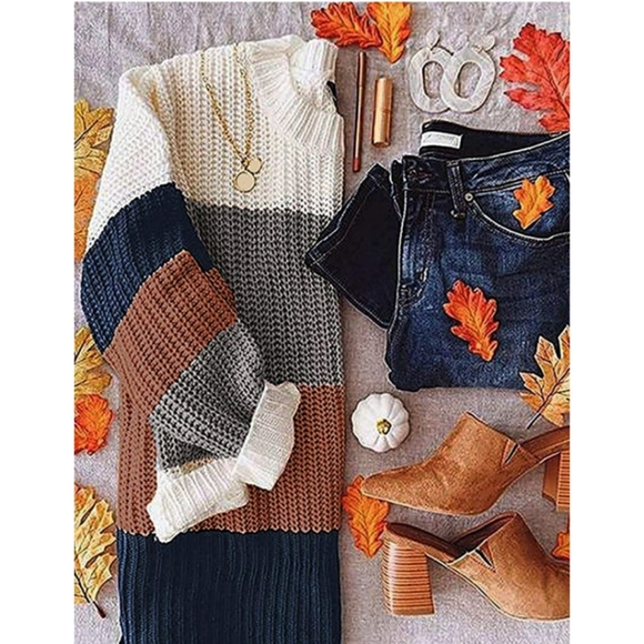 🆕Crew Neck Long Sleeve Color Block Sweater Medium - Picture 3 of 6